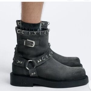 Zara x twojey Black Leather Boots with Studded Straps